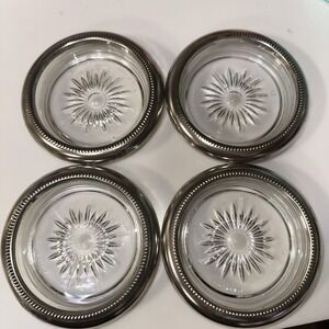 3 VTG Leonard Silverplated / Crystal Glass Drink Coasters Made In Italy Antique*